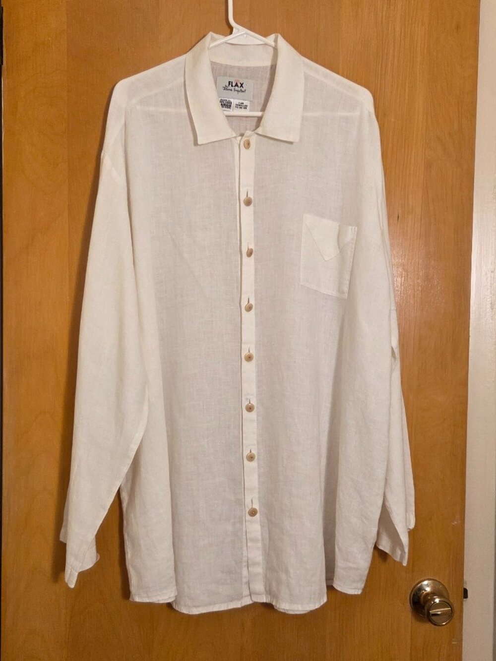 FLAX Tunic Shirt Top L Oversized 100% Linen Button Up Lagenlook Coastal White